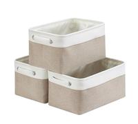 Mangata Canvas Storage Box 3 Pack, Fabric Storage Basket with Handles for Cupboards, Shelves, Clothes, Toys (Medium, Foldable, Light Khaki White)