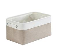 Mangata Canvas Storage Box Fabric Storage Basket with Handles for Cupboards, Shelves, Clothes, Toys (Medium, Foldable, Light Khaki White)