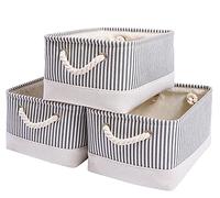 Mangata Canvas Storage Box, Open Storage Baskets 14.2" x 10.2" x 7.1", 3 Pack (Grey Stripe, Medium)