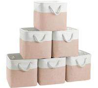 Mangata Canvas Storage Boxes, 30cm Cube Storage Bins Set of 6, Fabric Baskets with Cotton Rope Handle for Organizing Clothes Nursery Home (Pink/White)