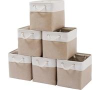 Mangata Canvas Storage Boxes, 30cm Cube Storage Bins Set of 6, Fabric Baskets with Cotton Rope Handle for Organizing Clothes Nursery Home (Khaki/White)