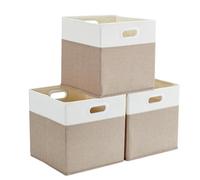 Mangata Cube Storage Boxes 25x25x25 cm, Fabric Storage Cube Baskets for Clothes Bins, Baskets, Chests,Toys (Light Khaki/Cream White, 3Pcs)