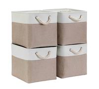 Mangata Cube Storage Boxes 28x28x28cm, Fabric Storage Basket for Cupboards, Shelves, Closet, Light Khaki White（Collapsible, 4 Pack）