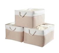 Mangata Extra Large Storage Box set of 3, Fabric Storage Baskets with Handles for Cupboards, Wardrobe, Shelves, Bathroom, Clothes, Toys, Towel (Foldable, Khaki White)