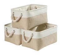 Mangata Fabric Storage Box set of 3, Foldable Fabric Storage Baskets with Handles for Cupboards, Wardrobe, Shelves, Clothes, Toys, Towel, Bathroom(Small, Khaki White)