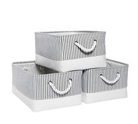 Mangata Fabric Storage Boxes, Large Storage Baskets 41x31x20cm with Rope Handles, 3 Pack (Grey Stripe, Large)