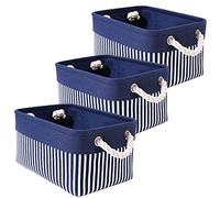 Mangata Foldable Storage Box, [3 Pack] Small Thickened Fabric Storage Basket with Handles for Shelves Toy(Washable, Blue Stripe)