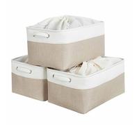Mangata Jumbo Canvas Storage Box 3 Pack, Fabric Storage Basket with Handles & drawstring for Cupboards, Shelves, Clothes, Toys (Extra Large, Foldable, Light Khaki White)