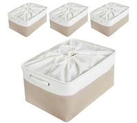 Mangata Jumbo Canvas Storage Box Fabric Storage Basket 4Pcs with Handles & drawstring for Cupboards, Shelves, Clothes, Toys (Extra Large, Foldable, Light Khaki White)