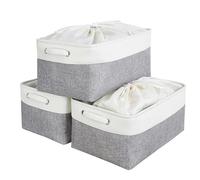 Mangata Large Canvas Storage Box 3 Pack, Fabric Storage Basket with Handles & drawstring for Cupboards, Shelves, Clothes, Toys (Foldable, Grey White)