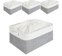 Mangata Large Canvas Storage Box Fabric Storage Basket 4Pcs with Handles & drawstring for Cupboards, Shelves, Clothes, Toys (Foldable, Grey White)
