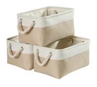 Mangata Large Storage Box set of 3, Canvas Fabric Storage Baskets with Handles for Cupboards, Wardrobe, Shelves, Bathroom, Clothes, Toys, Towel (38x28x24 cm, Khaki White)