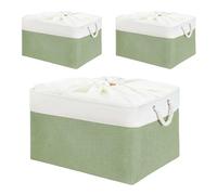 Mangata Set of 3 Soft Fabric Storage Baskets with Handles, Multi-Size, Rectangular Linen Organiser Boxes for Shelf & Wardrobe, 50x40x30 cm, Green & White (XXLarge, 3 Packs)