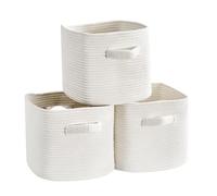 Mangata Set of 3 White Cotton Rope Cube Storage Baskets with Handles, Woven Organisers for Shelves, Bathroom, Bedroom, Nursery & Toy Storage, 30x30x27cm