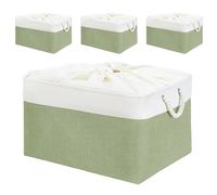 Mangata Set of 4 Soft Fabric Storage Baskets with Handles, Multi-Size, Rectangular Linen Organiser Boxes for Shelf & Wardrobe, 50x40x30 cm, Green & White (XXLarge, 4 Packs)