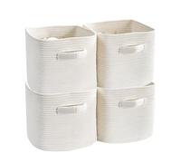 Mangata Set of 4 White Cotton Rope Cube Storage Baskets with Handles, 28x28x25cm, Woven Organisers for Shelves, Bathroom, Bedroom, Nursery & Toy Storage