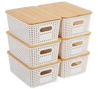 Mangata Set of 6 White Stackable Storage Baskets with Bamboo Lid, Small Decorative Plastic Boxes with Handle & Lable for Organizing, Ideal for Kitchen, Bathroom, Desktop & Shelves