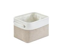 Mangata Small Canvas Storage Box, Fabric Storage Basket with Handles for Cupboards, Shelves, Clothes, Toys (Foldable, Light Khaki White)