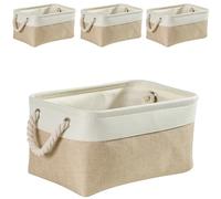 Mangata Small Storage Box set of 4, Foldable Fabric Storage Baskets with Handles for Cupboards, Wardrobe, Shelves, Clothes, Toys, Towel, Bathroom(Light Khaki White)