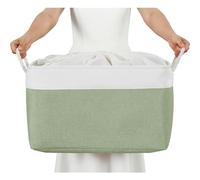 Mangata Soft Fabric Storage Basket with Handles, Multi-Size, Rectangular Linen Organiser Box for Shelf & Wardrobe, 50x40x30 cm, Green & White (XXLarge, 1 Pack)