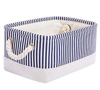 Mangata Washable Collapsible Thickened Canvas Fabric Storage Box with Handles (Small, Blue Stripe)