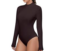 MANGDIUP Bodysuit for Women Mock Turtle Neck Long Sleeve Tops Slim Fit Basic Stretch Soft Bodysuit Jumpsuit, Brown, Small