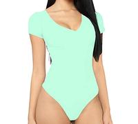 MANGDIUP bodysuit for women Short Sleeve V-Neck Casual Stretchy Basic T Shirt Bodysuit, Mint Green, XXL