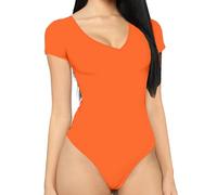 MANGDIUP bodysuit for women Short Sleeve V-Neck Casual Stretchy Basic T Shirt Bodysuit, Orange Red, Small