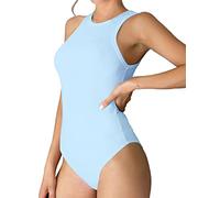 MANGDIUP Womens Basic Sleeveless Crewneck Bodysuits Slim Fit Stretch Cotton Tank Tops Halter Jumpsuits, Light Blue, X-Large