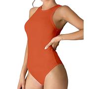 MANGDIUP Womens Basic Sleeveless Crewneck Bodysuits Slim Fit Stretch Cotton Tank Tops Halter Jumpsuits, Rust Red, XX-Large