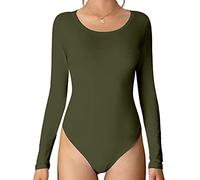 MANGDIUP Women's Crew Neck Long Sleeve Bodysuit - Stretch Cotton Jumpsuit, Comfortable Everyday Wear, Army Green, Large