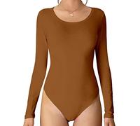 MANGDIUP Women's Crew Neck Long Sleeve Bodysuit - Stretch Cotton Jumpsuit, Comfortable Everyday Wear, Camel, Medium