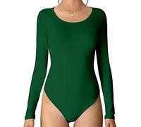 MANGDIUP Women's Crew Neck Long Sleeve Bodysuit - Stretch Cotton Jumpsuit, Comfortable Everyday Wear, Dark Green, Medium