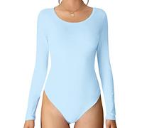 MANGDIUP Women's Crew Neck Long Sleeve Bodysuit - Stretch Cotton Jumpsuit, Comfortable Everyday Wear, Light Blue, Medium