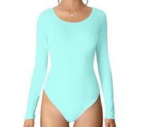 MANGDIUP Women's Crew Neck Long Sleeve Bodysuit - Stretch Cotton Jumpsuit, Comfortable Everyday Wear, Mint Blue, Medium
