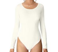 MANGDIUP Women's Crew Neck Long Sleeve Bodysuit - Stretch Cotton Jumpsuit, Comfortable Everyday Wear, Rice White, Small
