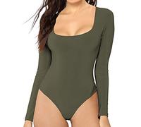 MANGDIUP Women's Essential Bodysuit - Scoop Neck Long Sleeve Slim Fit Stretch Cotton Spandex Jumpsuit, Army Green, Large