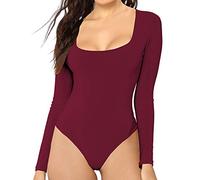 MANGDIUP Women's Essential Bodysuit - Scoop Neck Long Sleeve Slim Fit Stretch Cotton Spandex Jumpsuit, Burgundy, Medium