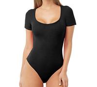 MANGDIUP Women's Essential Bodysuit - Scoop Neck Long Sleeve Slim Fit Stretch Cotton Spandex Jumpsuit, Black, XL