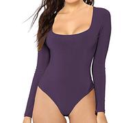 MANGDIUP Women's Essential Bodysuit - Scoop Neck Long Sleeve Slim Fit Stretch Cotton Spandex Jumpsuit, Dark Purple, S