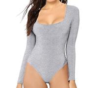 MANGDIUP Women's Essential Bodysuit - Scoop Neck Long Sleeve Slim Fit Stretch Cotton Spandex Jumpsuit, Heather Grey, Small