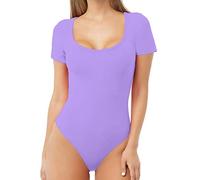 MANGDIUP Women's Essential Bodysuit - Scoop Neck Long Sleeve Slim Fit Stretch Cotton Spandex Jumpsuit, Lavender Purple, XL