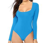 MANGDIUP Women's Essential Bodysuit - Scoop Neck Long Sleeve Slim Fit Stretch Cotton Spandex Jumpsuit, Pool, X-Large