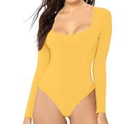MANGDIUP Women's Essential Bodysuit - Scoop Neck Long Sleeve Slim Fit Stretch Cotton Spandex Jumpsuit, Yellow, Large