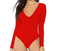 MANGDIUP Women's Long Sleeve Tops Basic V-Neck Leotard Bodysuit (7017 Red, XS), Red