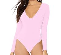 MANGDIUP Women's Long Sleeve Tops Basic V-Neck Leotard Bodysuit (Neon Pink, L), Pink