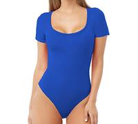 MANGDIUP Women's Scoop Neck T Shirts Basic Bodysuits Jumpsuits, Colorful Blue, Small