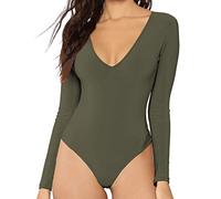 MANGDIUP Women's V-Neck Long Sleeve Bodysuit for Women - Sexy & Comfortable Stretchy Tops, Army Green, S