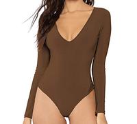 MANGDIUP Women's V-Neck Long Sleeve Bodysuit for Women - Sexy & Comfortable Stretchy Tops, Brown, XL