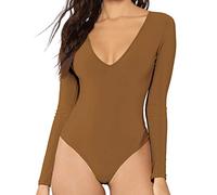 MANGDIUP Women's V-Neck Long Sleeve Bodysuit for Women - Sexy & Comfortable Stretchy Tops, Camel, XL